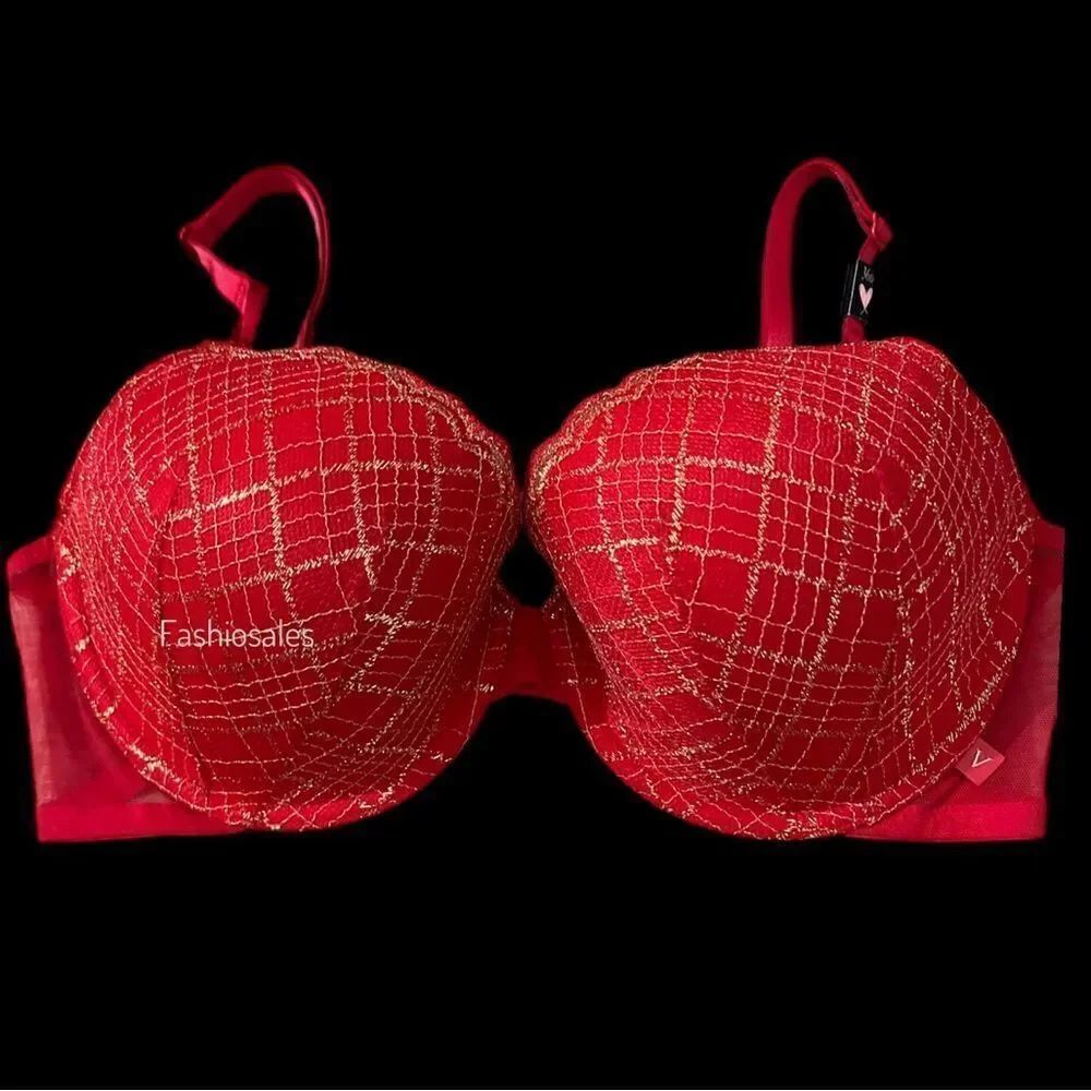 Victorias Secret Lightly Lined Metallic Lace bra red and gold